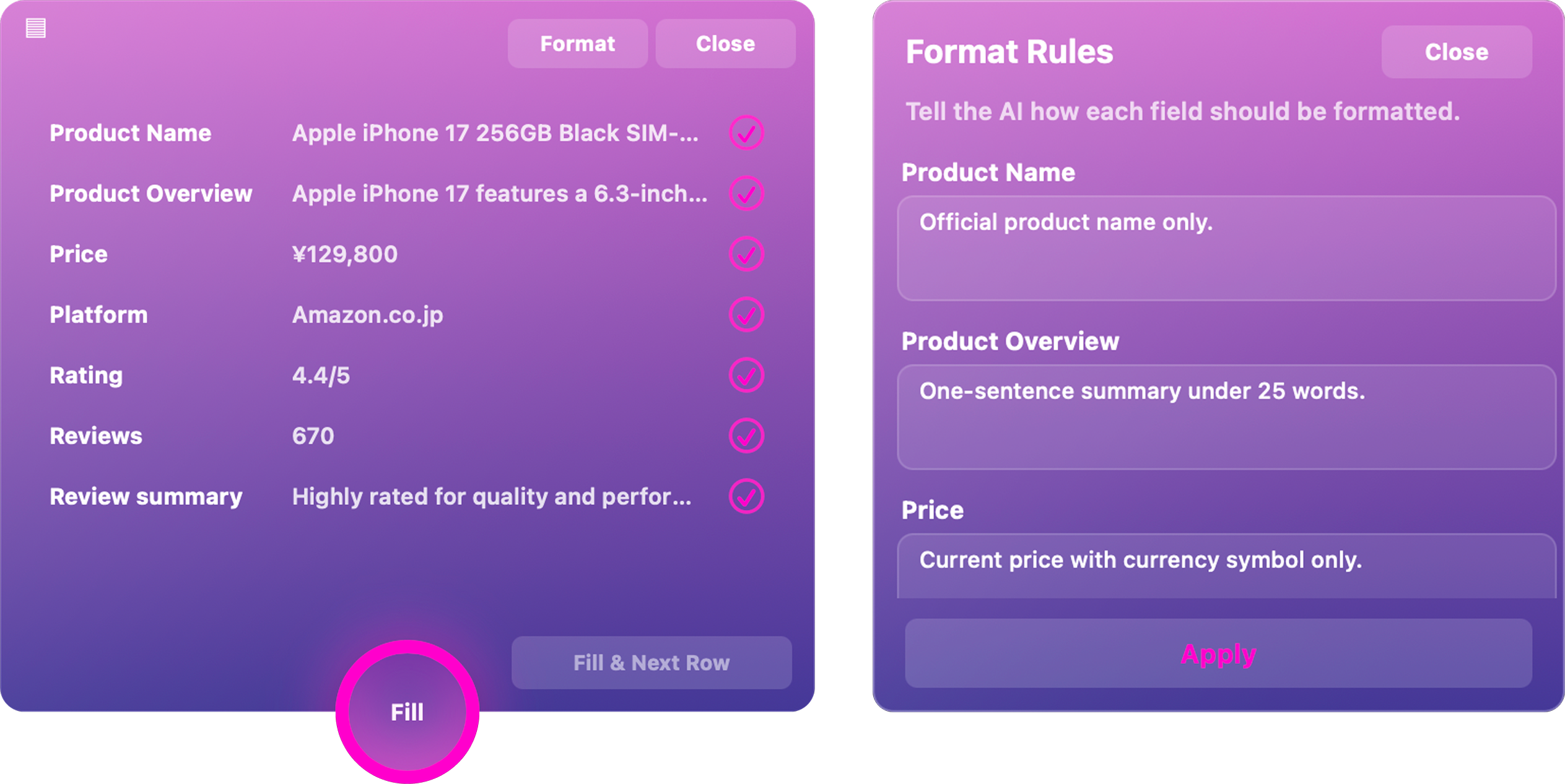 ClipCycle Smart Fill format panel